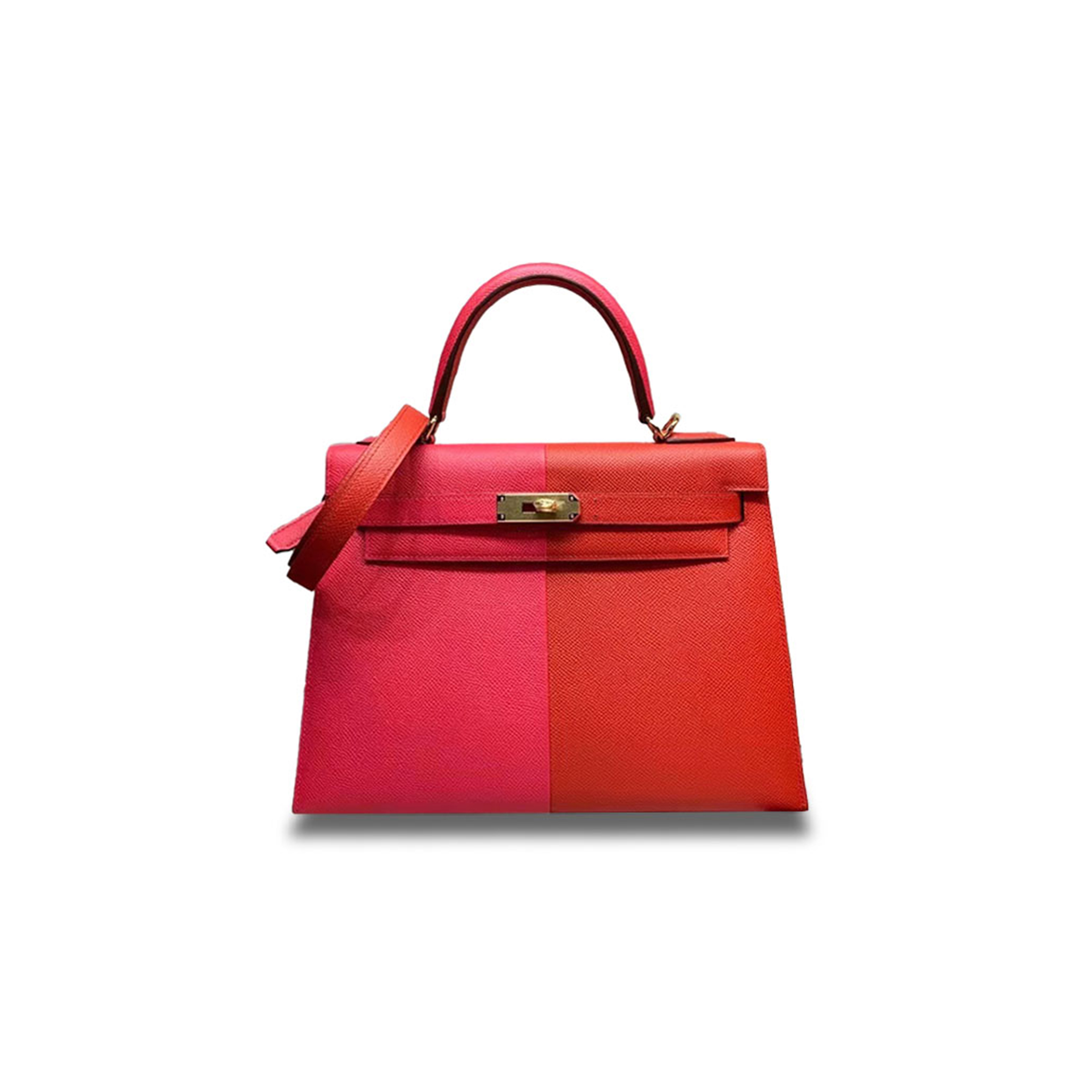 HERMÈS KELLY 25 EPSOM LEATHER, EXTREME PINK HEART RED, FLORAL BLUE INNER SPELLING, GOLD BUCKLE (25*17*7cm) 